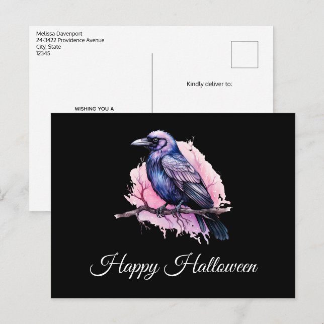 Cartão Postal Ilustração de Corvo Preto em um Galho de Halloween (Frente/Verso)