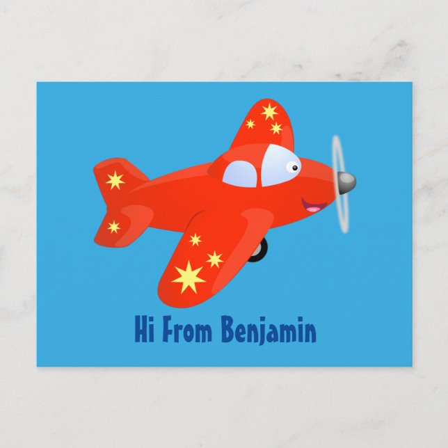 Cartão Postal Ilustração de desenho animado de avião vermelho-cl (Frente)