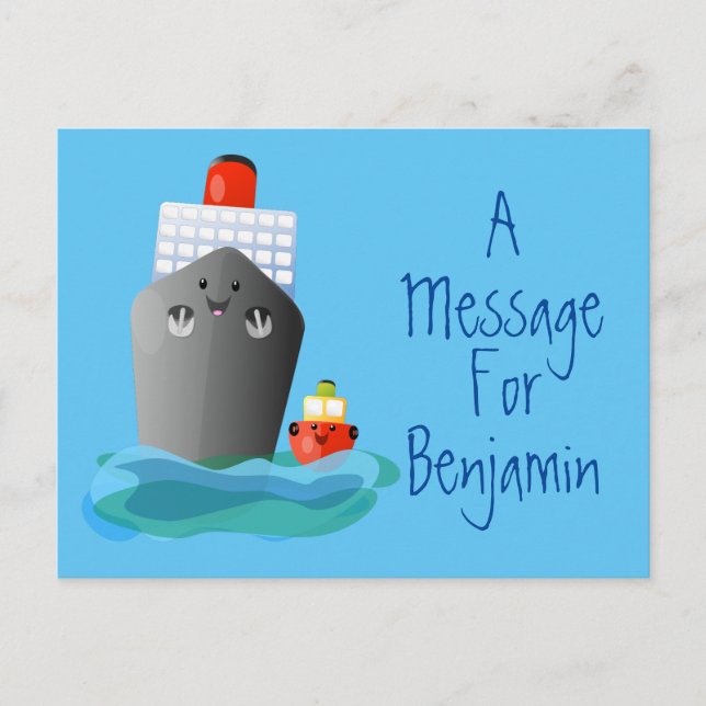 Cartão Postal Ilustração de desenho animado de navio e rebocador (Frente)