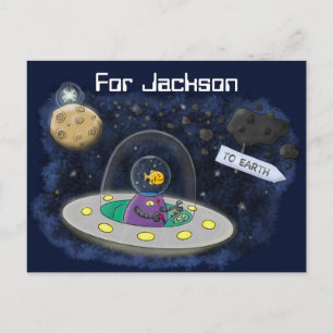 Cartão Postal Ilustração de desenho animado de navio no espaço d