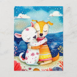 Cartão Postal Ilustração de dois cachorros brincando na praia