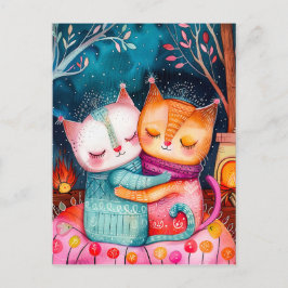 Cartão Postal Ilustração de dois gatos abraçando em um cenário c