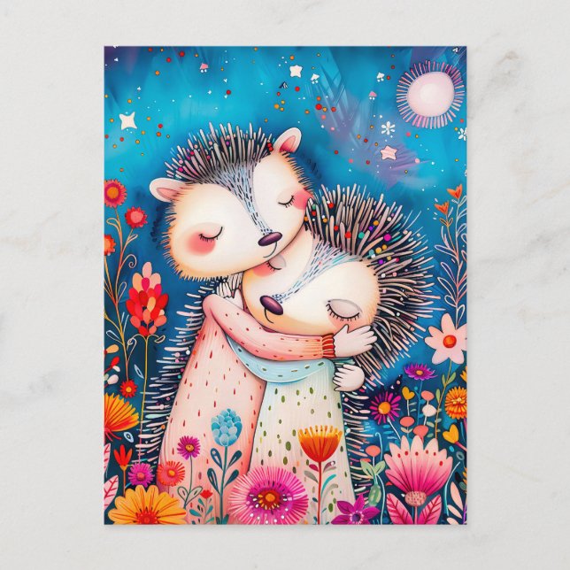 Cartão Postal Ilustração de dois Hedgehogs Hugging à noite (Frente)