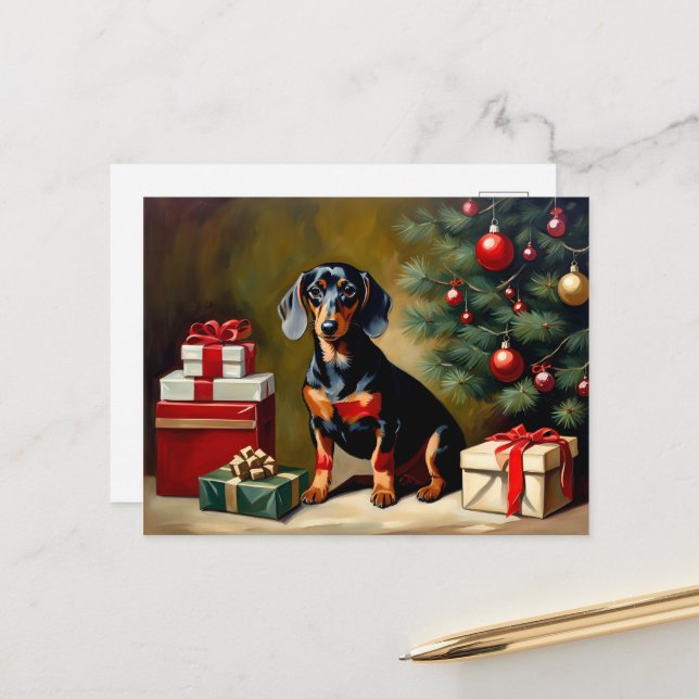 Cartão Postal Ilustração de Feriado de Dachshund (Frente/Verso In Situ)