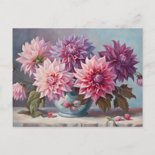 Cartão Postal Ilustração de Flores de Dália em um Vaso de Vida M