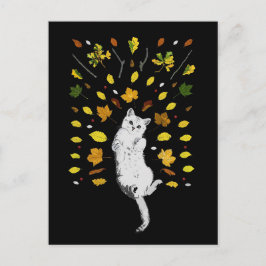 Cartão Postal Ilustração de gato branco com folhas de outono