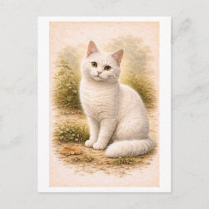 Cartão Postal Ilustração de Gato Branco em Estilo Vintage