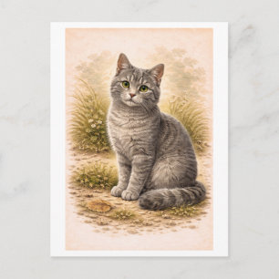 Cartão Postal Ilustração de Gato Cinza em Estilo Vintage