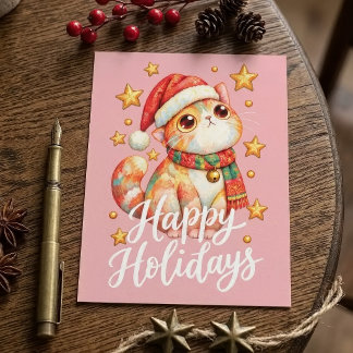 Cartão Postal Ilustração de Gato de Natal Fofo com Charme Festiv