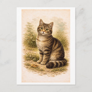 Cartão Postal Ilustração de Gato Listrado em Estilo Vintage