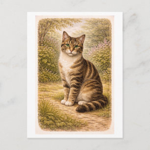 Cartão Postal Ilustração de Gato Tabby em Estilo Vintage