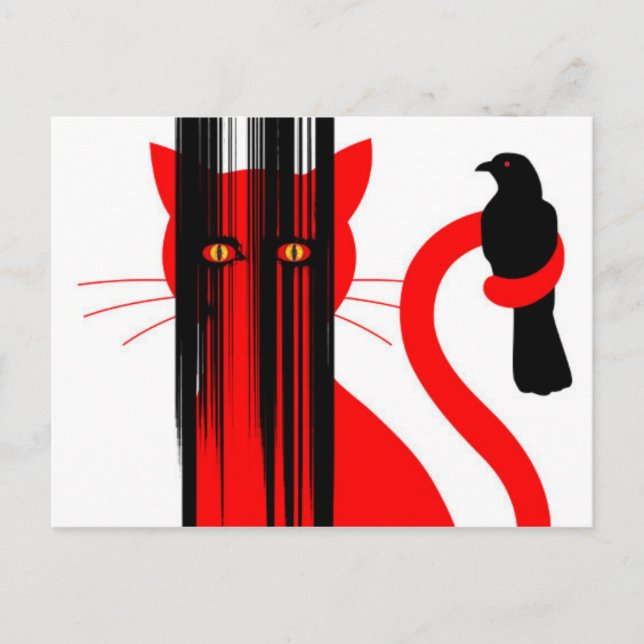Cartão Postal Ilustração de gato vermelho e pássaro preto (Frente)