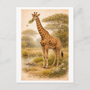 Cartão Postal Ilustração de Girafa em Estilo Vintage