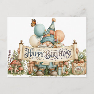 Cartão Postal Ilustração de Gnome de Aniversário com Balões