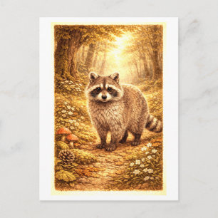Cartão Postal Ilustração de Guaxinim em Estilo Vintage na Flores