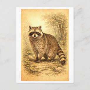 Cartão Postal Ilustração de Guaxinim em Floresta ao Estilo Vinta