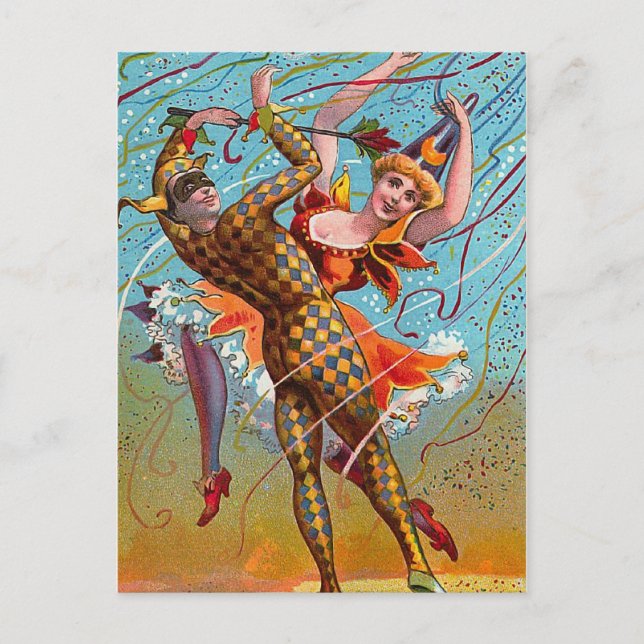Cartão Postal Ilustração de Harlequin Dancing Vintage (Frente)