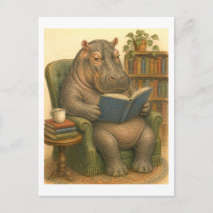 Cartão Postal Ilustração de Hipopótamo Lendo um Livro