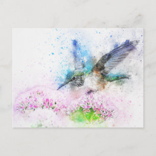 Cartão Postal Ilustração de Hummingbird com Aquarela