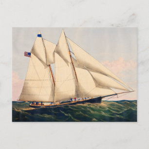 Cartão Postal Ilustração de Iate de Velas Antigo no Mar