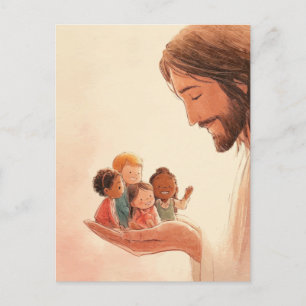 Cartão Postal Ilustração de Jesus Cuidando das Crianças