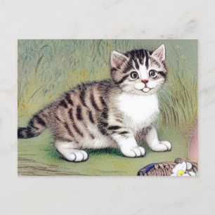 Cartão Postal Ilustração de Kitten com Striped Vintage
