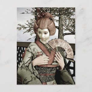 Cartão Postal Ilustração de Leque de Kimono de Geisha Vintage