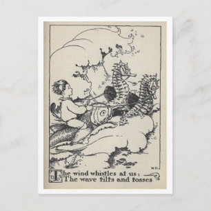 Cartão Postal Ilustração de Livro Antigo Barco de Peixes com Cav
