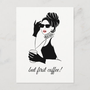 Cartão Postal Ilustração de moda mulher com café
