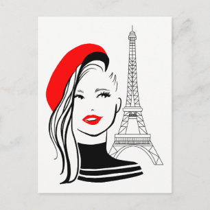 Cartão Postal Ilustração de moda mulher francesa com boina verme