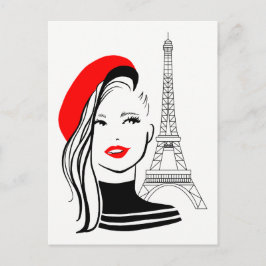 Cartão Postal Ilustração de moda mulher francesa com boina verme