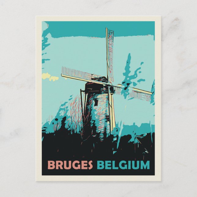 Cartão Postal Ilustração de moinho de vento Bruges na Bélgica (Frente)