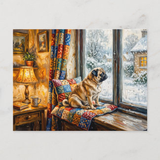 Cartão Postal Ilustração de Mops de Assento de Janela de Inverno