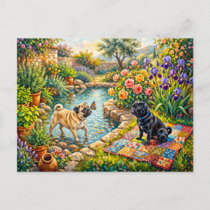 Cartão Postal Ilustração de Mops de Jardim com Lagoa de Cottage