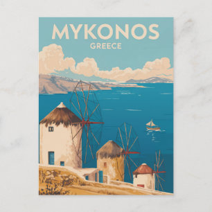 Cartão Postal Ilustração de Mykonos Grécia Arte de Viagem Vintag