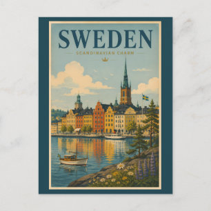Cartão Postal Ilustração de Paisagem da Suécia Viagem Arte Vinta