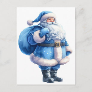 Cartão Postal Ilustração de Papai Noel Azul em Aquarela