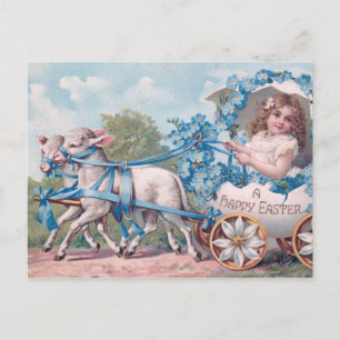 Cartão Postal Ilustração de Páscoa com Rapariga e Borregos