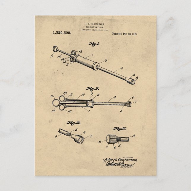 Cartão Postal Ilustração de Patente do Injetor de Medicina Vinta (Frente)