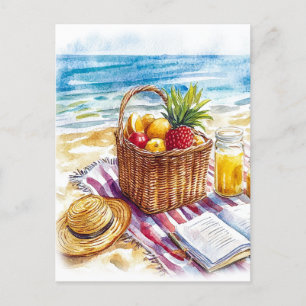 Cartão Postal Ilustração de Picnic Watercolor em Summer Beach - 