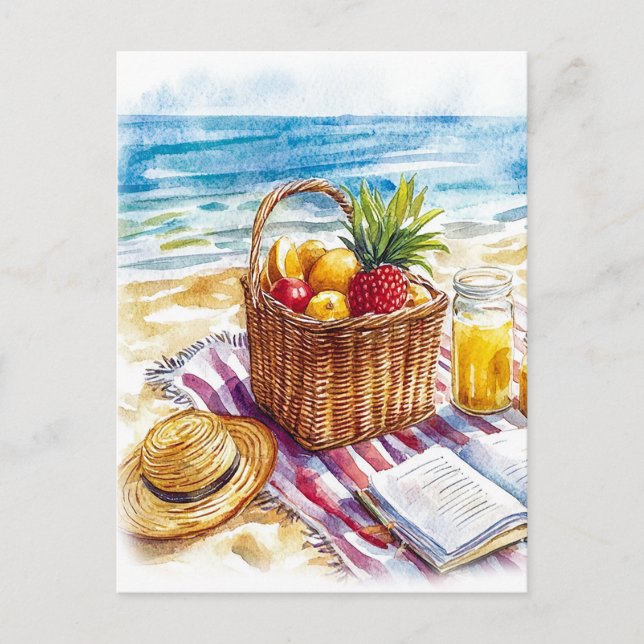 Cartão Postal Ilustração de Picnic Watercolor em Summer Beach -  (Frente)