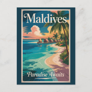 Cartão Postal Ilustração de Praia das Maldivas Arte de Viagem Vi