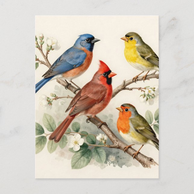 Cartão Postal Ilustração de Ramalhete de Flores de Pássaro Canto (Frente)