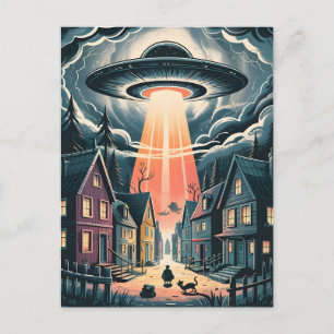 Cartão Postal Ilustração de Rua Noturna de Abdução por OVNI
