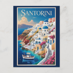 Cartão Postal Ilustração de Santorini Grécia Arte de Viagem Vint