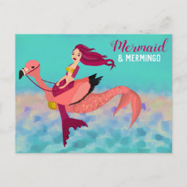 Cartão Postal Ilustração de Sereia e Mermingo Bonita e Engraçada