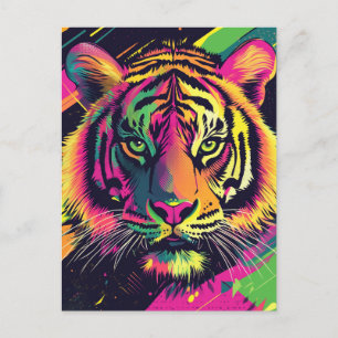 Cartão Postal Ilustração de Tigre de Arte pop com Cores Néon
