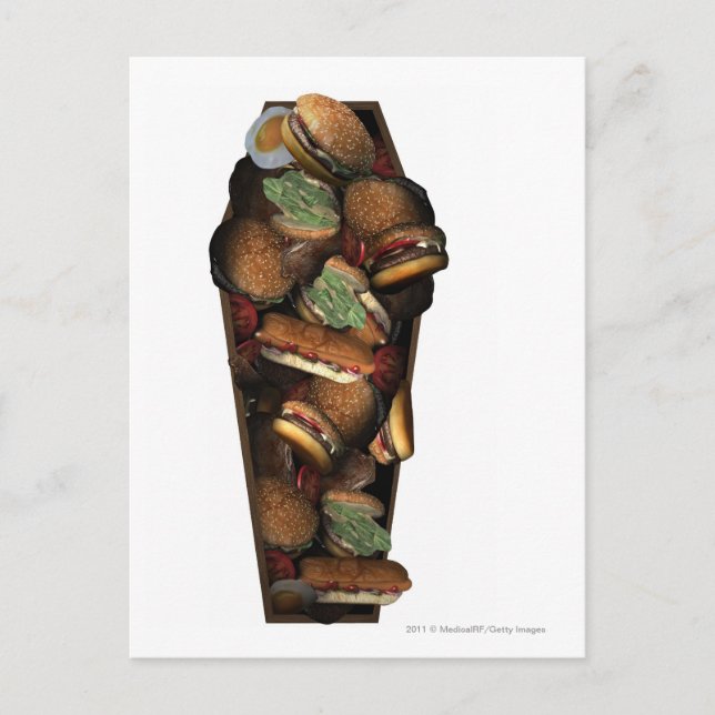 Cartão Postal Ilustração de um caixão cheio de comida rápida (Frente)