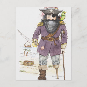 Cartão Postal Ilustração de um pirata com papagaio empoleirado