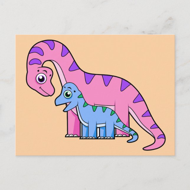 Cartão Postal Ilustração de uma mãe e um filhote de Brachiosauru (Frente)